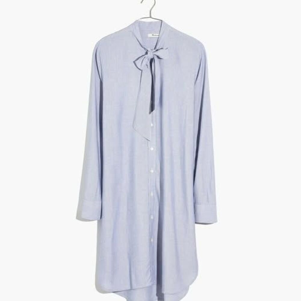 Madewell Silverbell Tie Neck Long Sleeves Shirt Tunic Mini Dress Stripe Sz SMALL